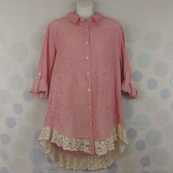 Umgee Country Striped Lace Trim Pockets Tunic - Picture 6 of 8